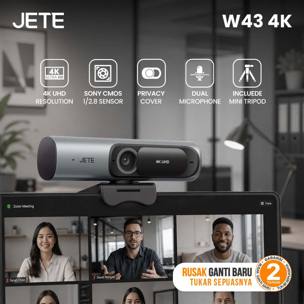 Webcam 4K UHD JETE W43 Kamera Laptop PC dengan Sony CMOS Sensor Dual Microphone Privacy Cover Includ