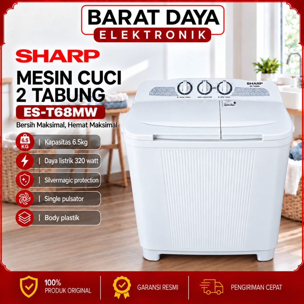 Mesin Cuci Sharp 2 Tabung  6.5 KG ES-T68MW Puremagic