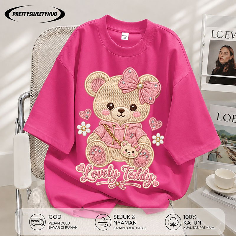 Pretty Sweety Hub - Kaos Wanita Oversize Lengan Pendek Motif Teddy Bear Pink Cute Korean Style 100% 