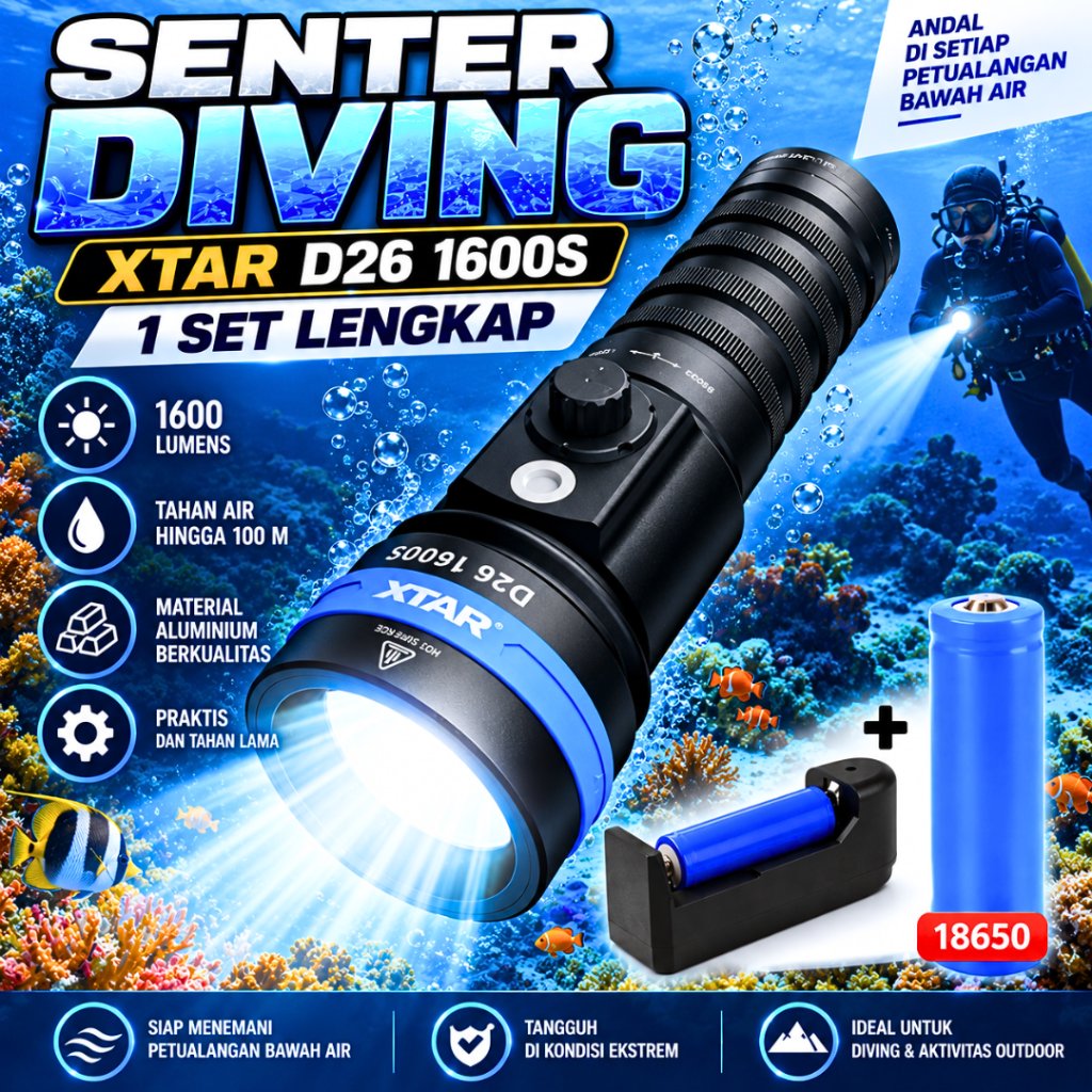 GARANSI 1 TAHUN XTAR Senter Selam Diving Selam Super Terang + Charger + Baterai Waterproof D26 1600S