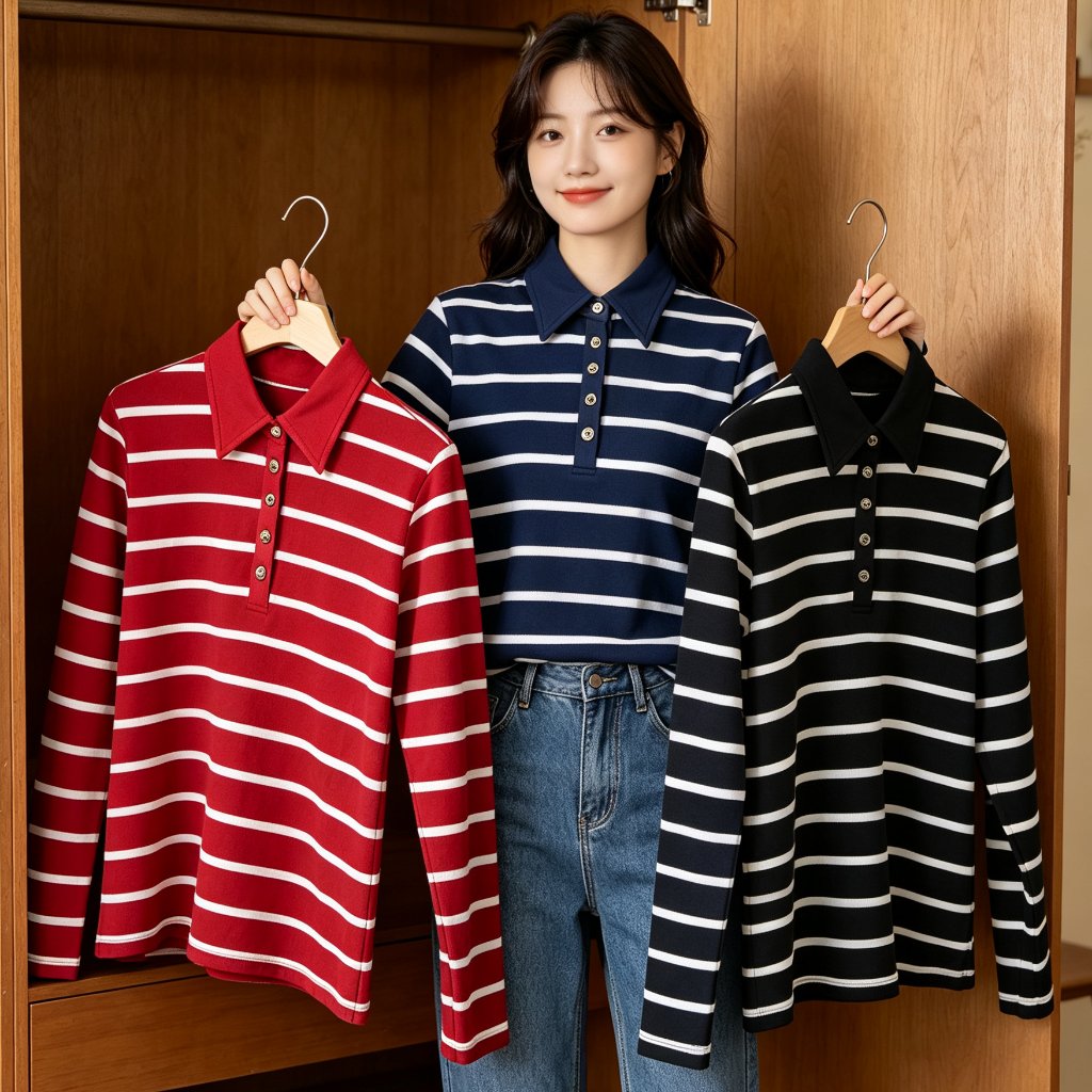 |kekinian.factory| Kaos Polo Lengan Panjang Bergaris Wanita Motif Garis Horisontal Kerah Kancing Kas
