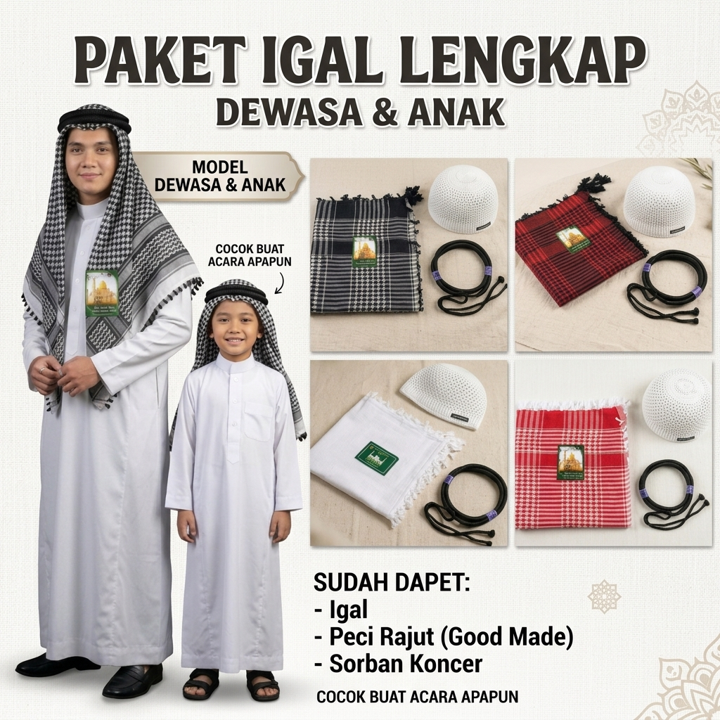 Sorban Arab Igal Arab Sorban Arab Igal Tali Peci Putih Dewasa dan anak Perlengkapan Haji Umroh Hiban