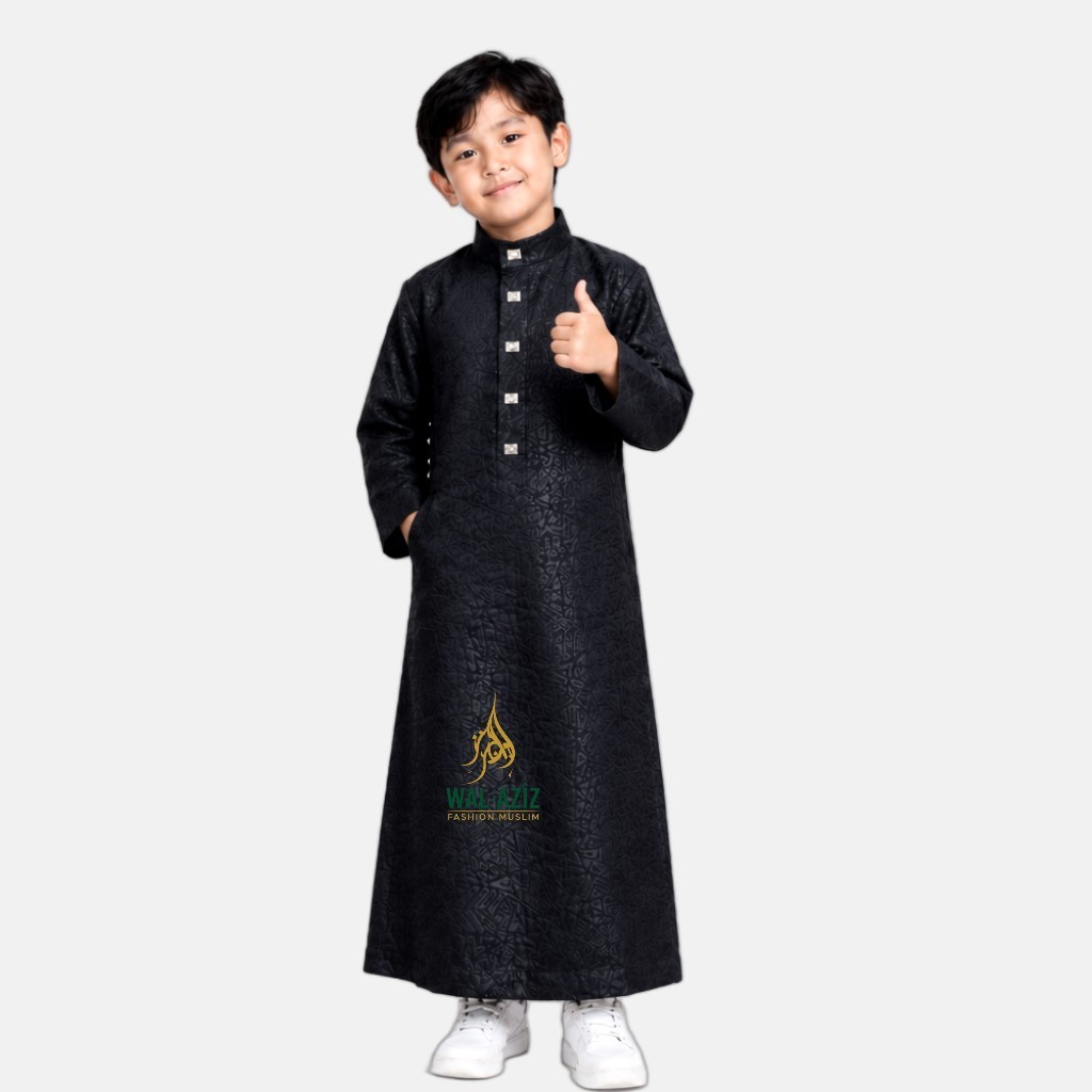 Gamis Jubah Anak Umur 1-14  Tahun Kain Embos Hitam Kancing Kerah Sultan