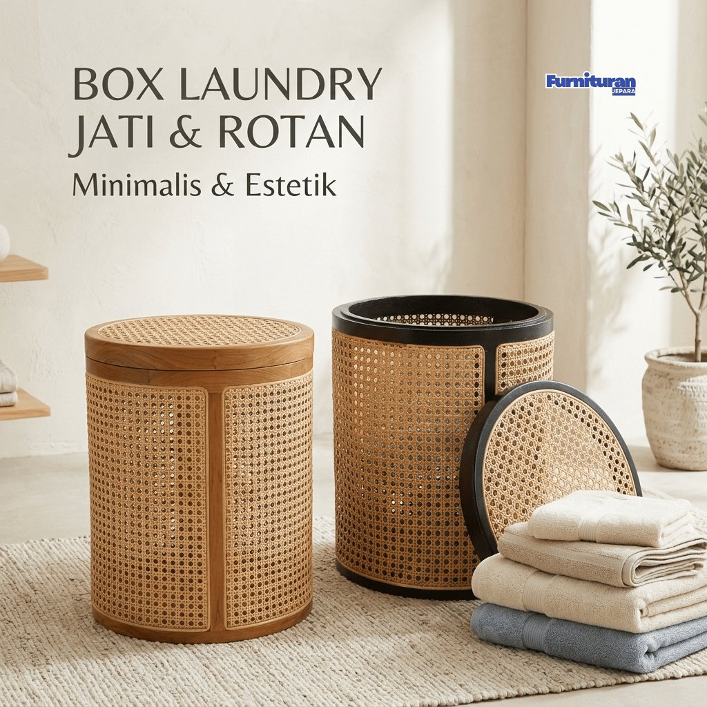 Keranjang Baju Kotor Laundry Rotan Alami Kayu Jati Asli Solid