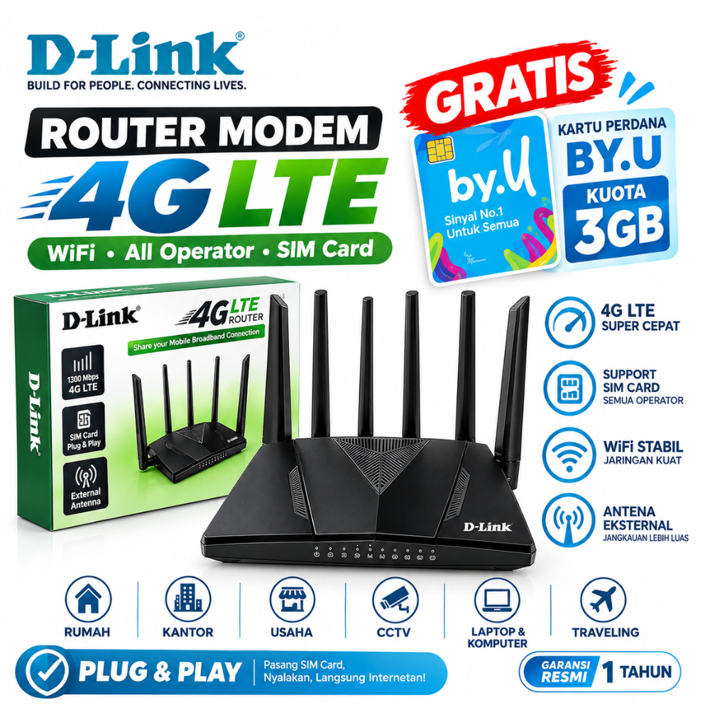 Router Modem 4G LTE D-Link WiFi All Operator SIM Card Gratis BY.U 3GB