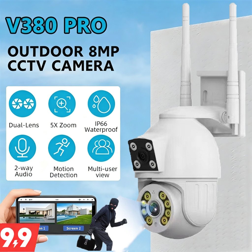 CCTV V380 Pro Dual Lens 12MP HD WiFi Night Vision Alarm Keamanan Audio Dua Arah Pelacakan Gerak Rota