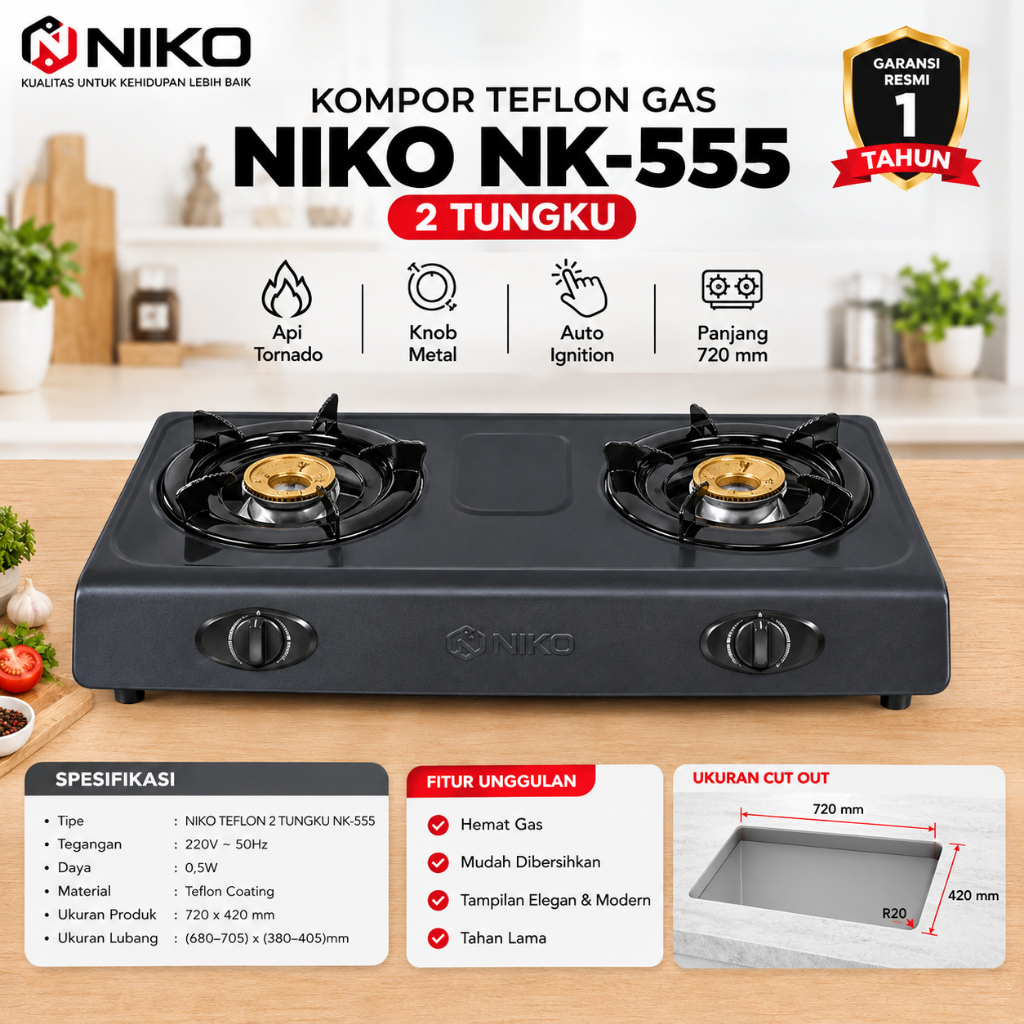 KOMPOR NIKO 2 TUNGKU TEFLON NK-555 TANPA BUBBLE