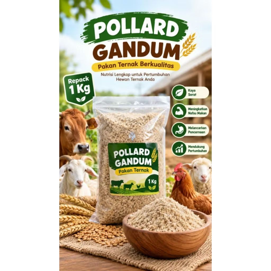 POLARD GANDUM PAKAN HEWAN TERNAK 1KG, BEKATUL/DEDAK GANDUM PAKAN AYAM, ENTOK, BEBEK, SAPI, KAMBING
