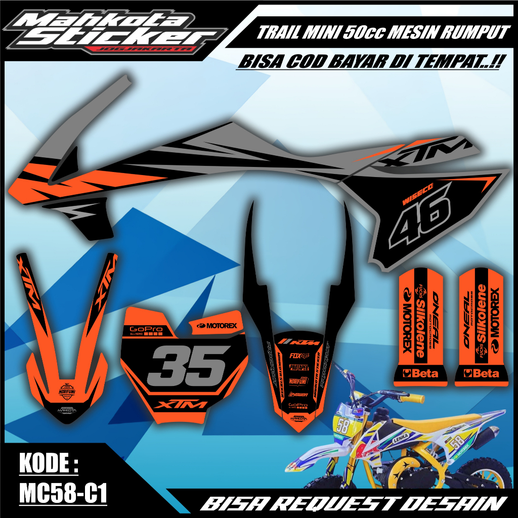 Decal Stiker Trail Mini Mesin Rumput 50cc type LENKA MC58 XTM SYMOTOS JACKLE Bisa Request Desain