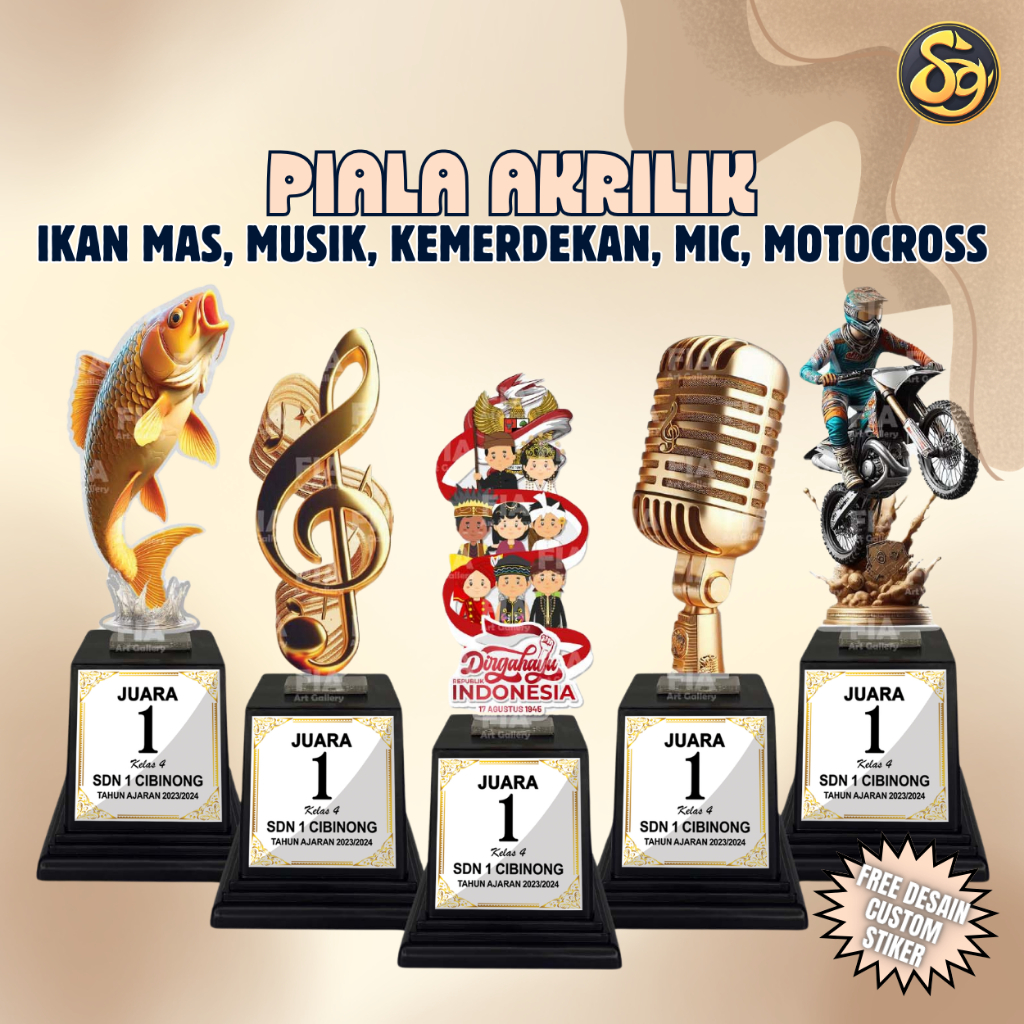 Piala Akrilik Custom Sticker Tatakan Souvenir Hadiah Kemerdekaan Agustusan, Ikan Mas / Carp, Motocro