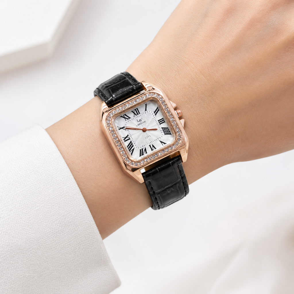 LR LAROCHE DM1711 JAM TANGAN PERSEGI WANITA JAM CEWEK TALI KULIT GLOSSY BODY BINTIK PERMATA JAM TANG