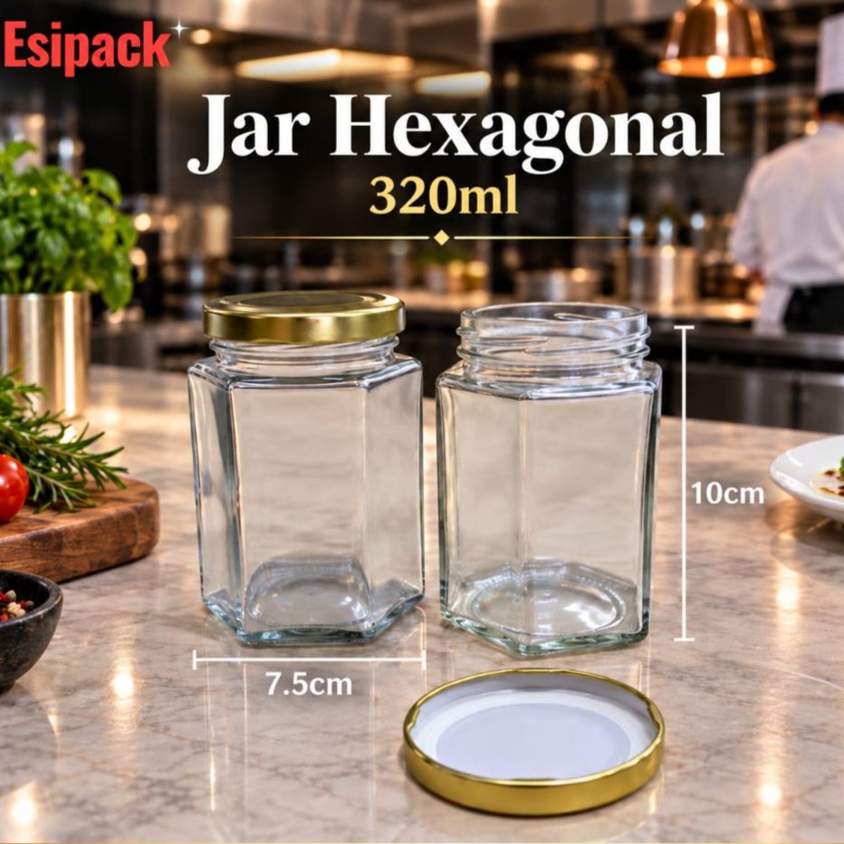 Toples Kaca Jar Beling Hexagonal +Tutup seng Botol Kaca Bumbu 320ml 1pcs