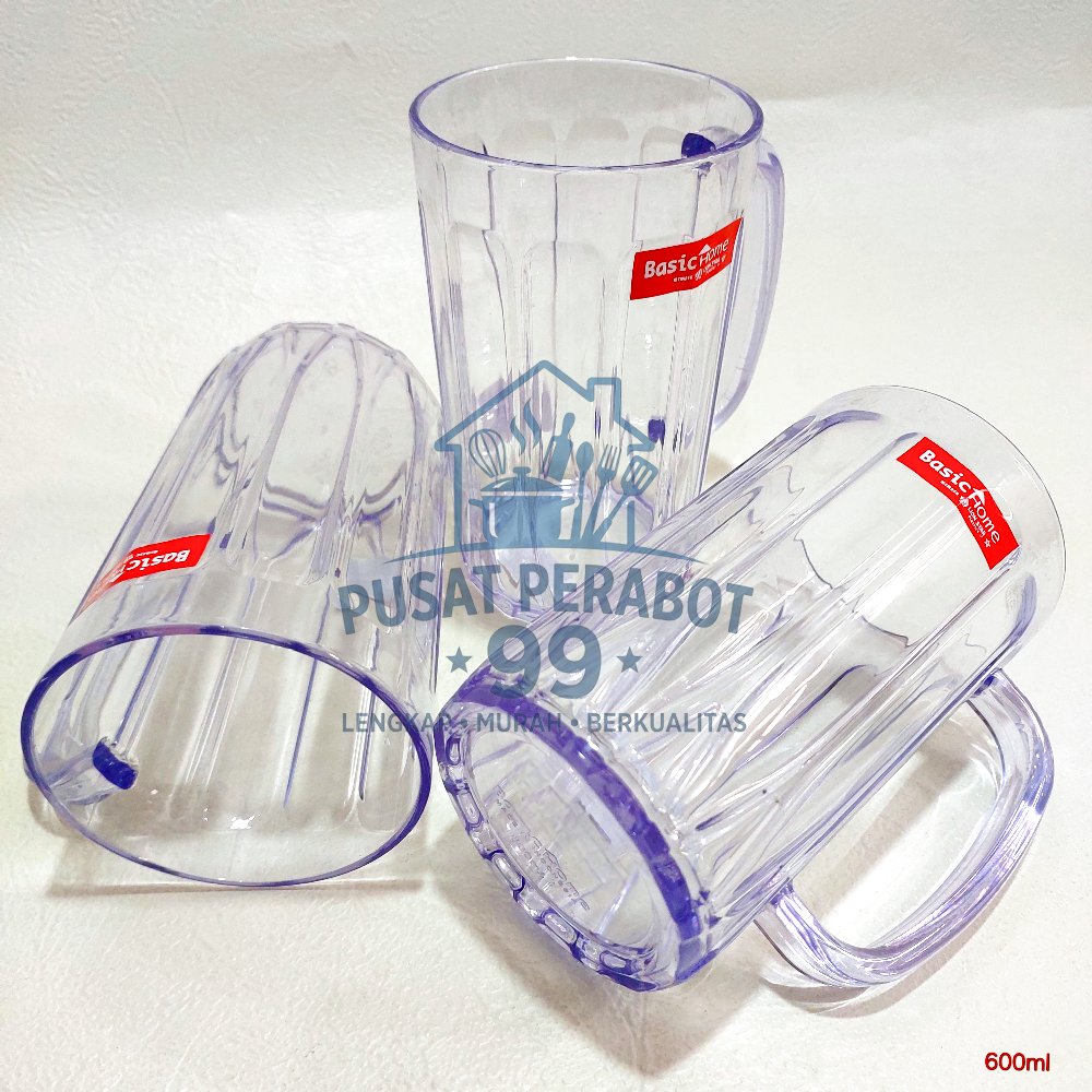 gelas plastik gagang / mug transparan / cangkir bening 600ml lion star