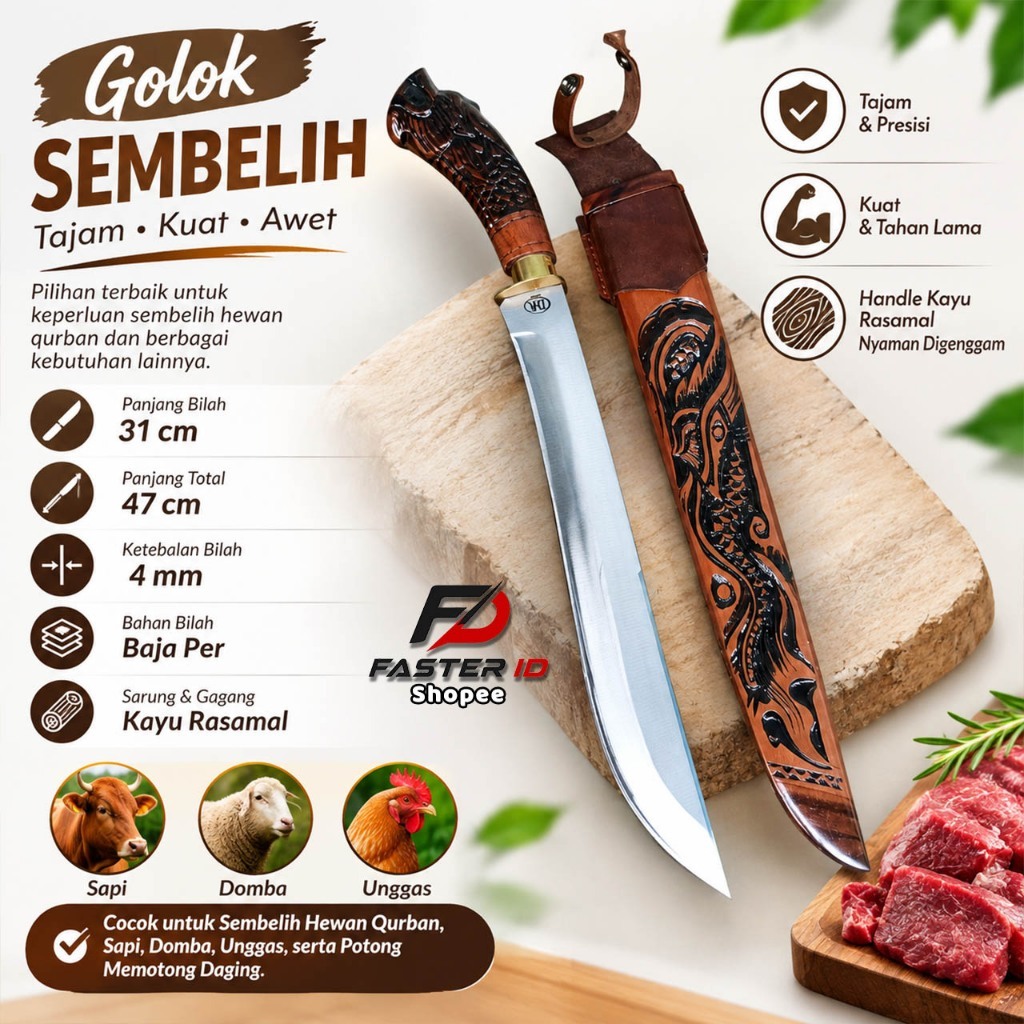 Golok Sembelih Full Baja Per Tempa 31 cm Gagang Naga Ukir Kayu Rasamala