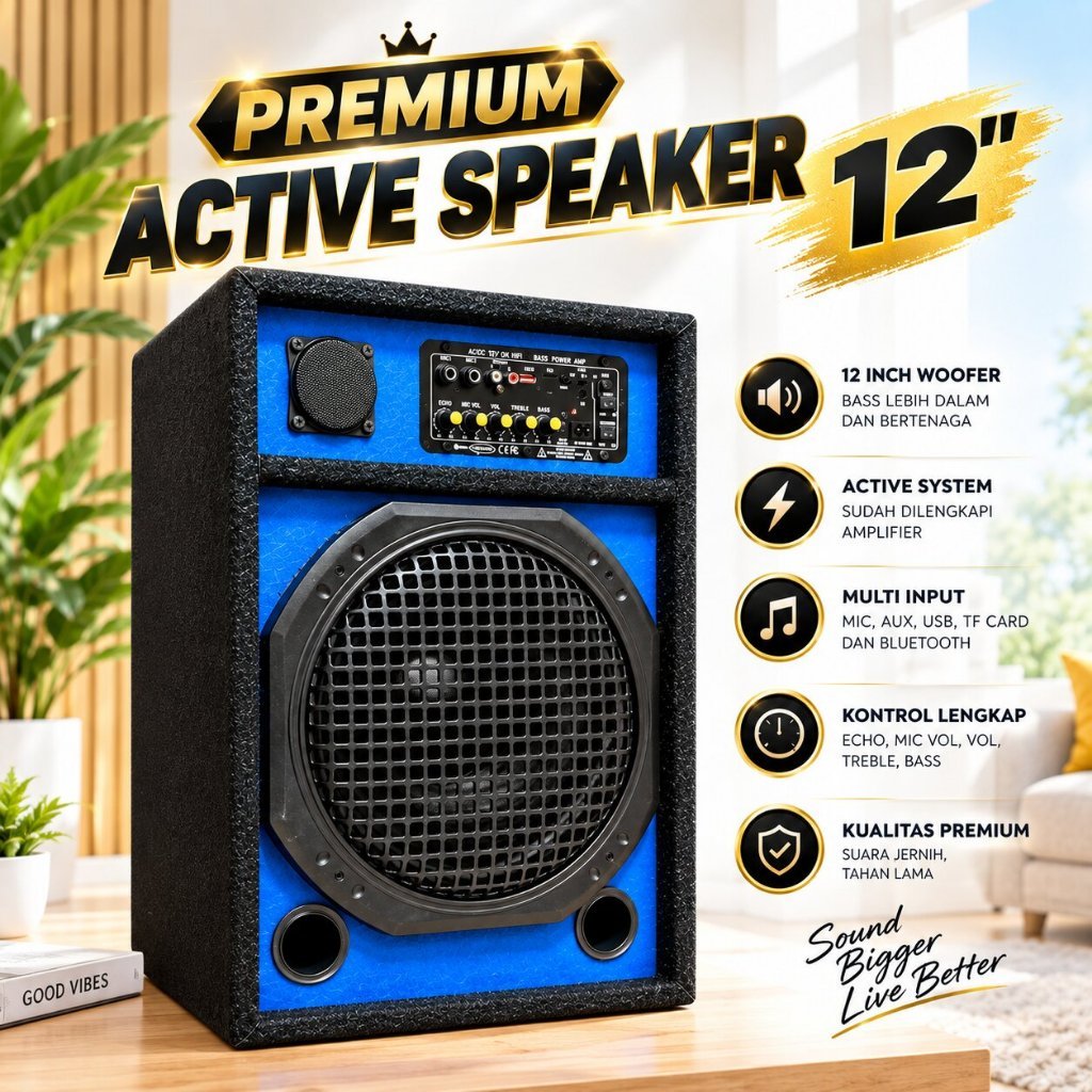 Speker Aktif 12 Inch Bluetooth USB MMC Radio Karaoke Sound System Portable Bass Powerful Full Fitur 