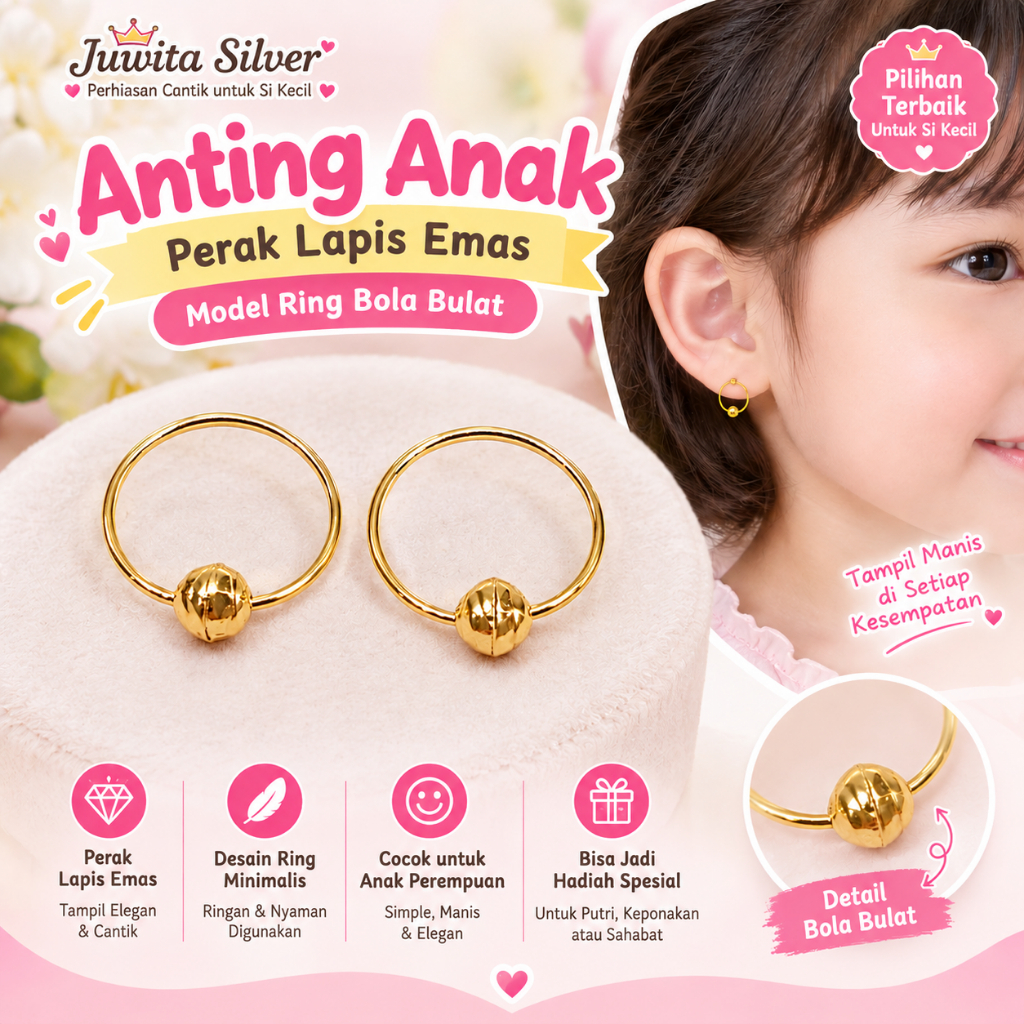 Anting Anak Perak 925 Lapis Emas Model Ring Bola Bulat Gold | Anting Bayi Anak Perempuan