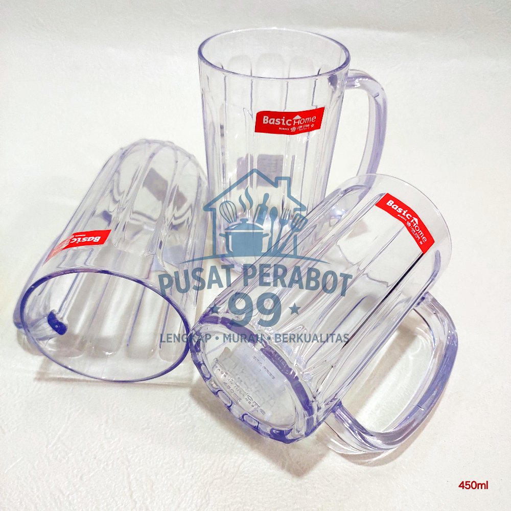 gelas plastik gagang / mug transparan / cangkir bening 450ml lion star