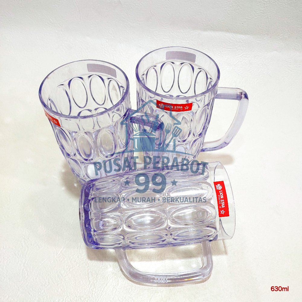 gelas plastik gagang / mug transparan / cangkir bening 630ml LION STAR