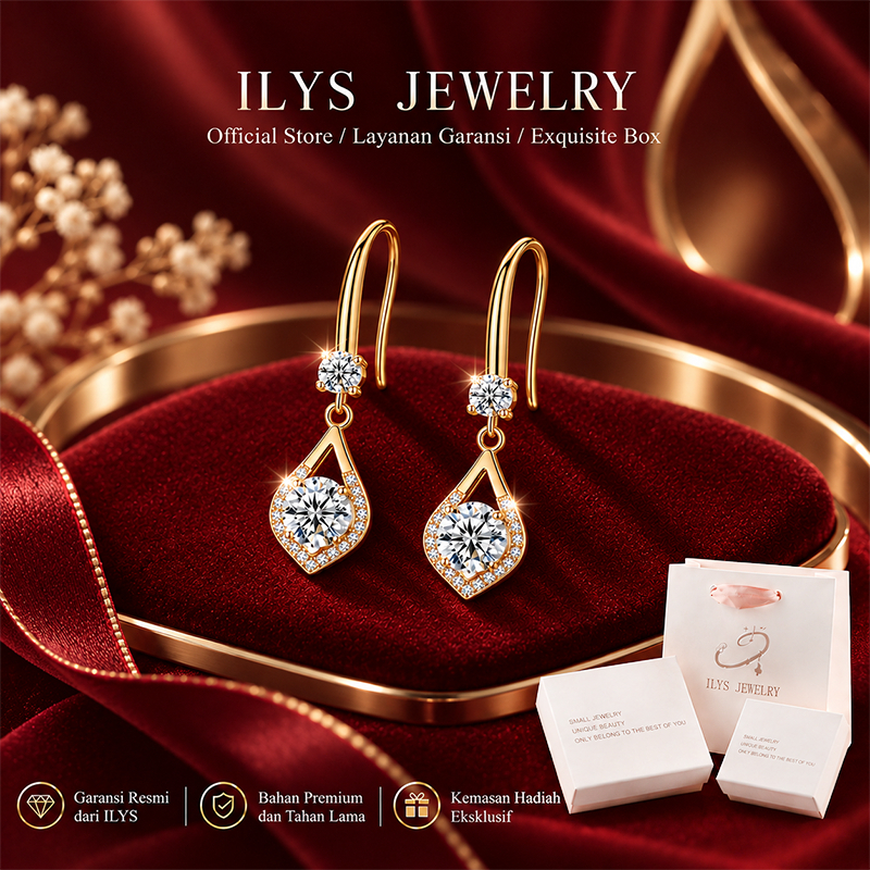 ILYS JEWELRY Anting Tetes Air Malam Berkilau Zirkon Emas Anting Permata Tetes Air Bingkai Model Eleg