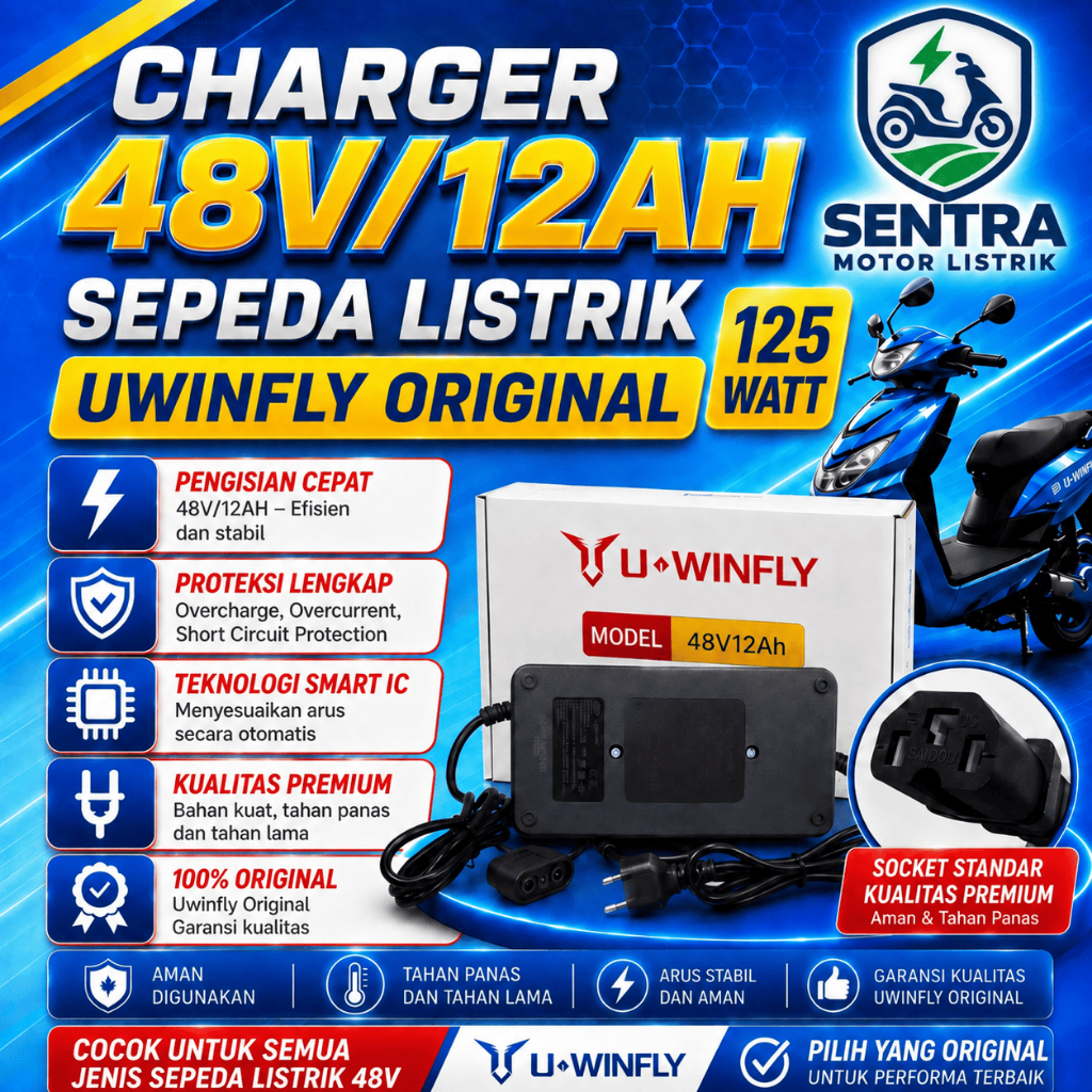 Charger Sepeda Listrik ORIGINAL Uwinfly 48V12Ah D60/D60/ADV/D65/D65ADV/D70/D75/D66A/D66B/T60D7S/D8S 