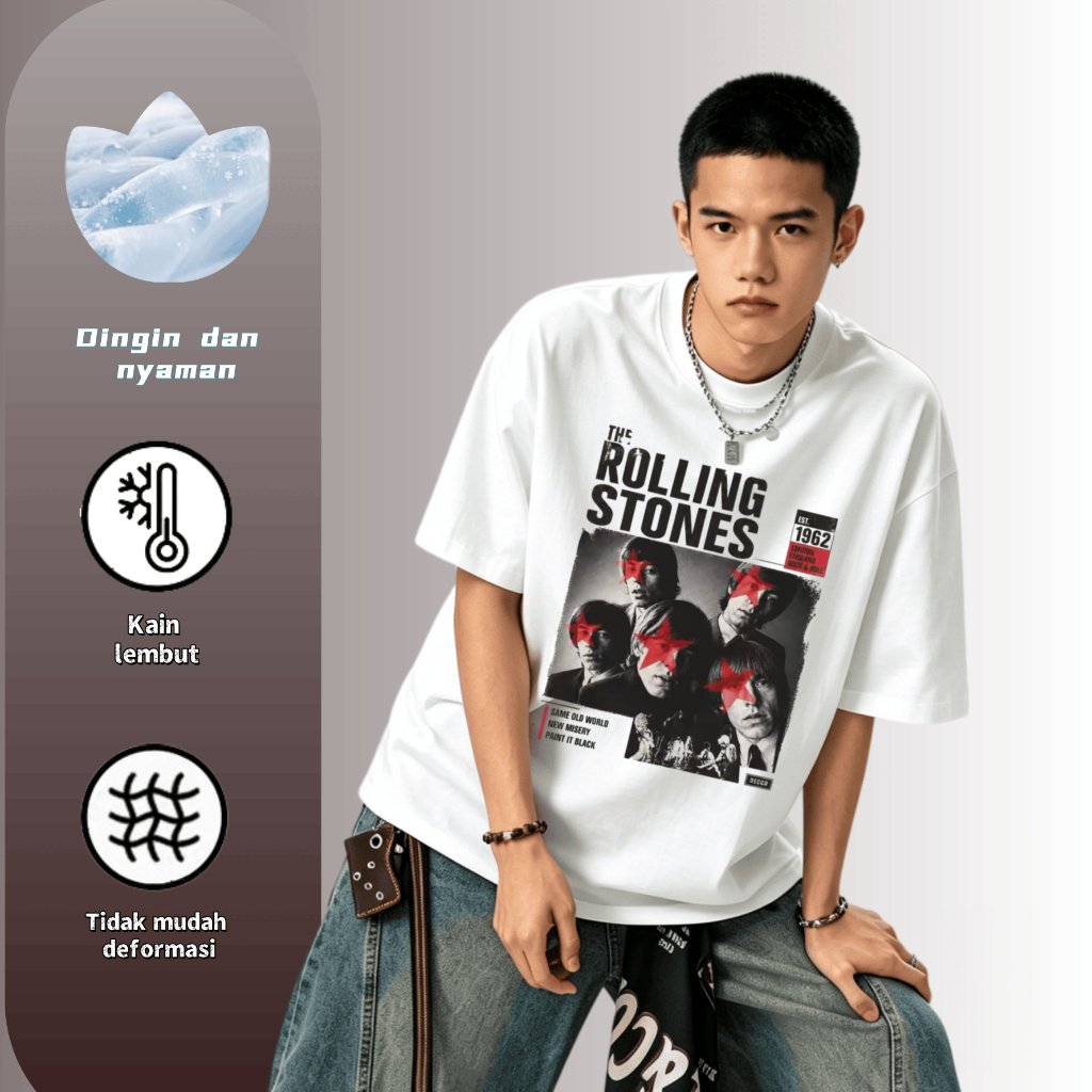COD Tersedia Kemeja Kaos Kaos Polo Model Overside Kaos Pendek Putih Motif The Rolling Stones, Gaya R