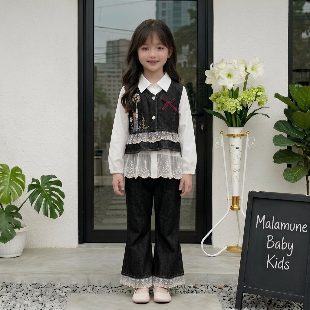 Setelan Anak 3 in 1 One Set Vionessa Stelan jins anak perempuan korean Impor jeans Rompi Viral usia 