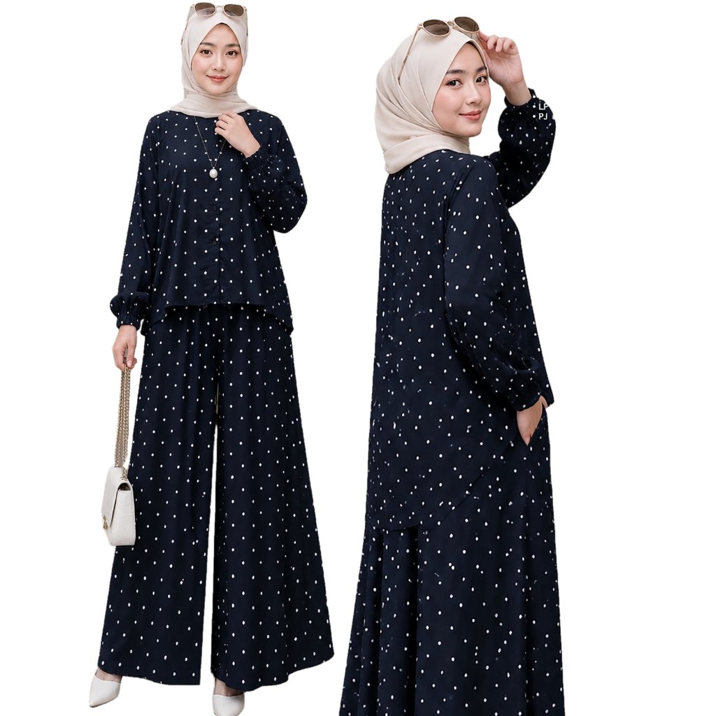 Tisha Set Tunik Rayon Luna Polkadot LD 110 LP 110 Celana Kulot Setelan Muslimah Kerja Shofiya Ori