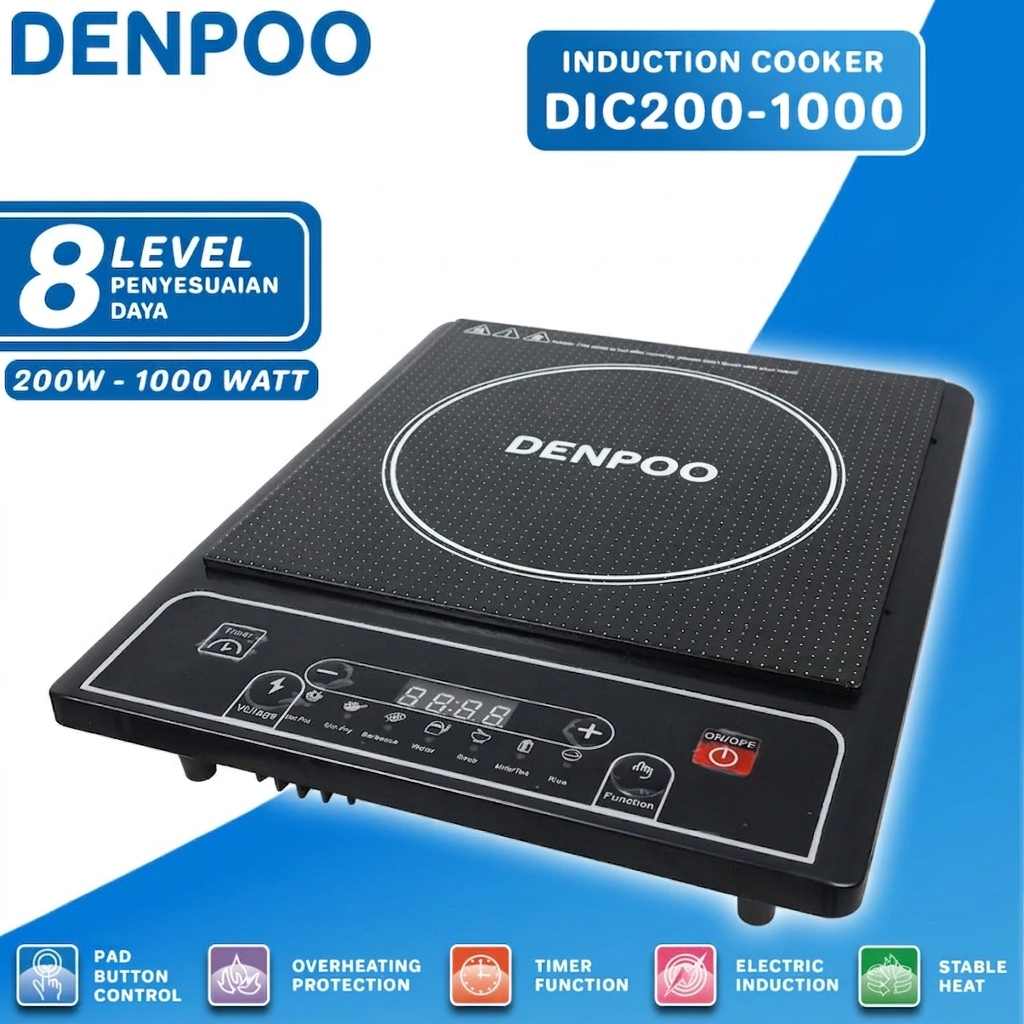 DENPOO Kompor Induksi Listrik DIC200 DIC 200 1000W / DIC-200-1000W Touch Control Low Watt 8 Level Da