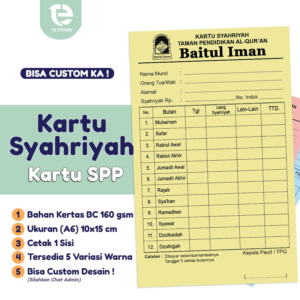 Kartu Syahriyah Pembayaran Sekolah SPP / Iuran / SPP / Infaq / TPQ Madrasah TK PAUD Bisa Custom Mura