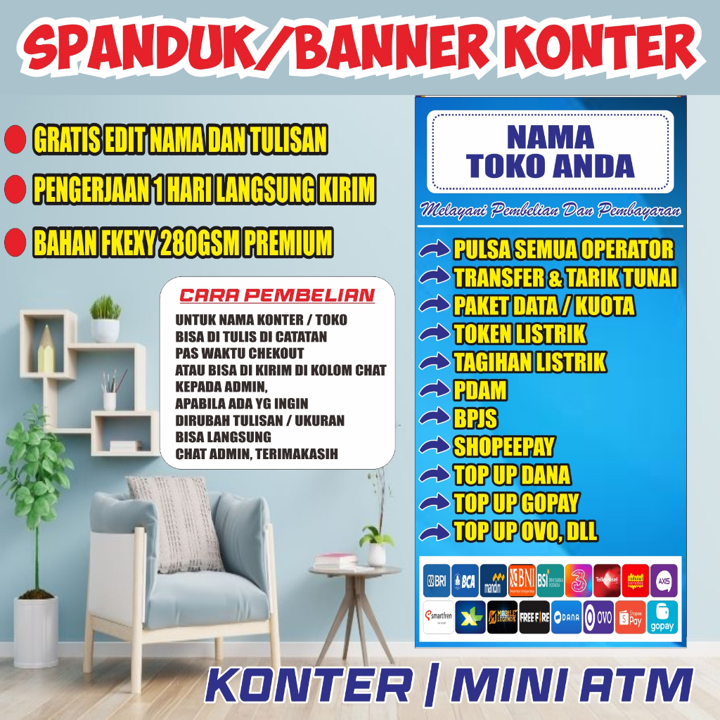 BANNER-SPANDUK KONTER PULSA/mini ATM BENTUK BERDIRI