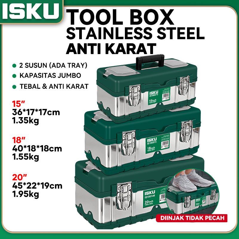 ISKU Tool Box Besi Stainless Steel 15 18 20 Inch Kotak Perkakas Metal Jumbo Besar Tempat Kunci