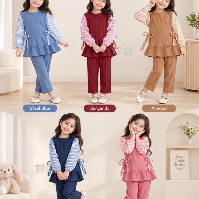 Almira - Set Tunik Ruffle Anak Perempuan Cotton Combed 30s Atasan Celana Panjang