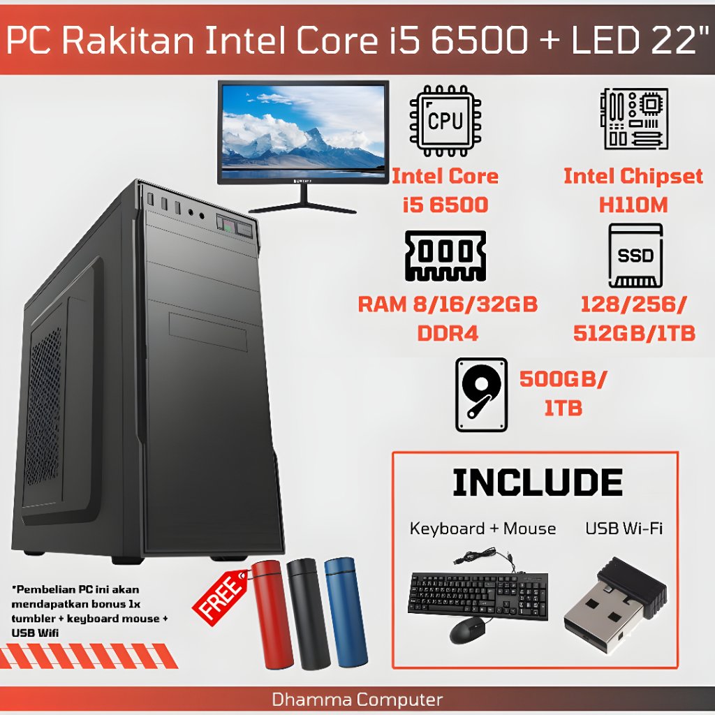 [SIAP PAKAI] Paket Lengkap PC Desktop i5 6500 DDR4 Fullset Monitor 22" + WiFi + Keyboard Mouse - Kom