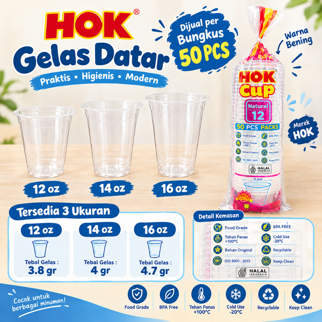 Gelas Plastik Datar HOK / Plastic Cup PP Datar Bening Ukuran 12 oz, 14 oz, 16 oz - Tebal 4 gram