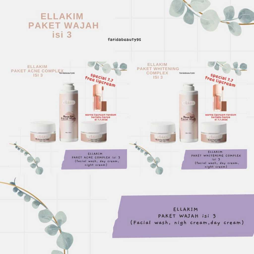 ELLAKIM (READY) PAKET WAJAH ISI 3 (FACE WASH,DAY CREAM, NIGHT CREAM) free lipcream