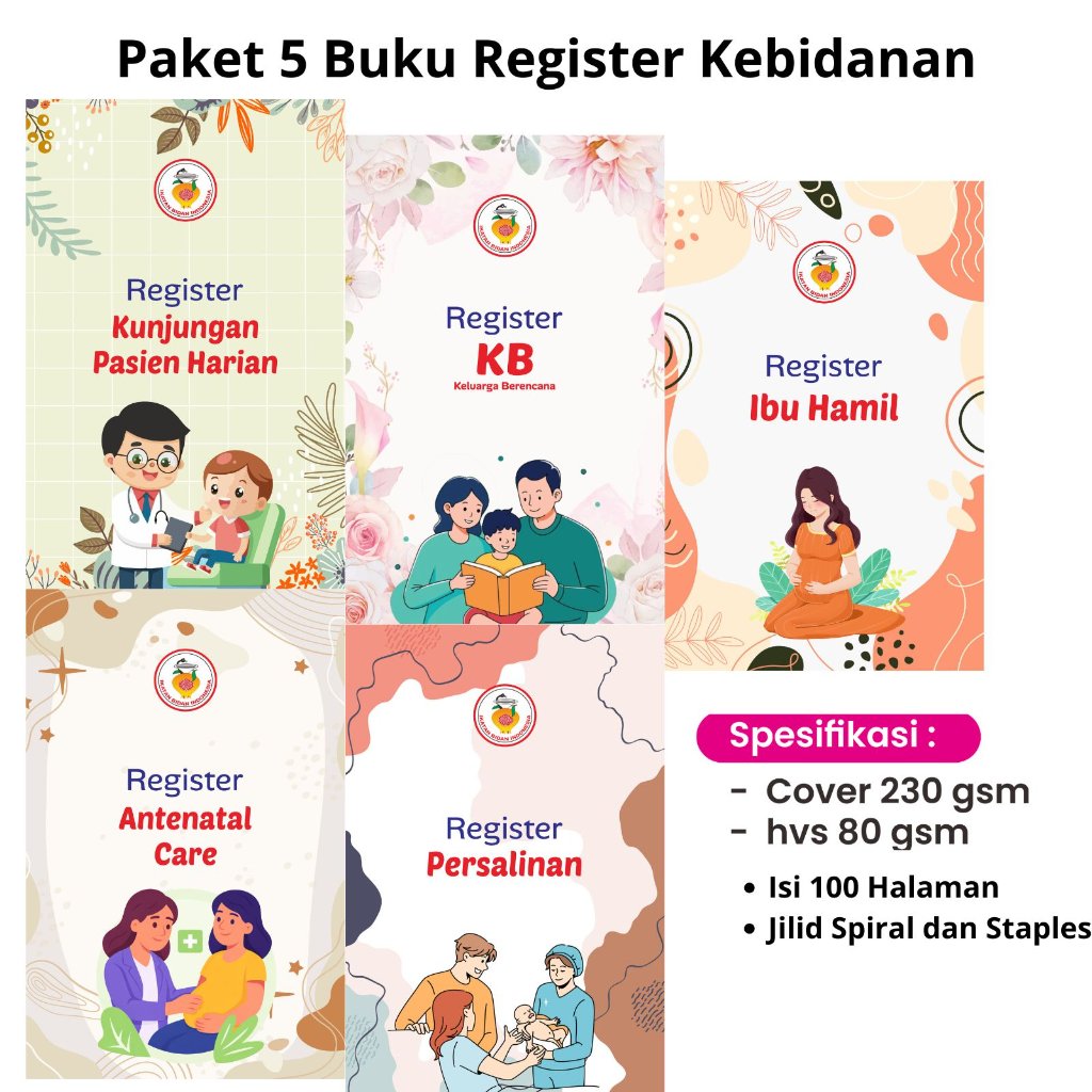 Paket 5 Buku Register Kebidanan | Register Ibu Hamil, Persalinan, KB, ANC & Kunjungan Pasien