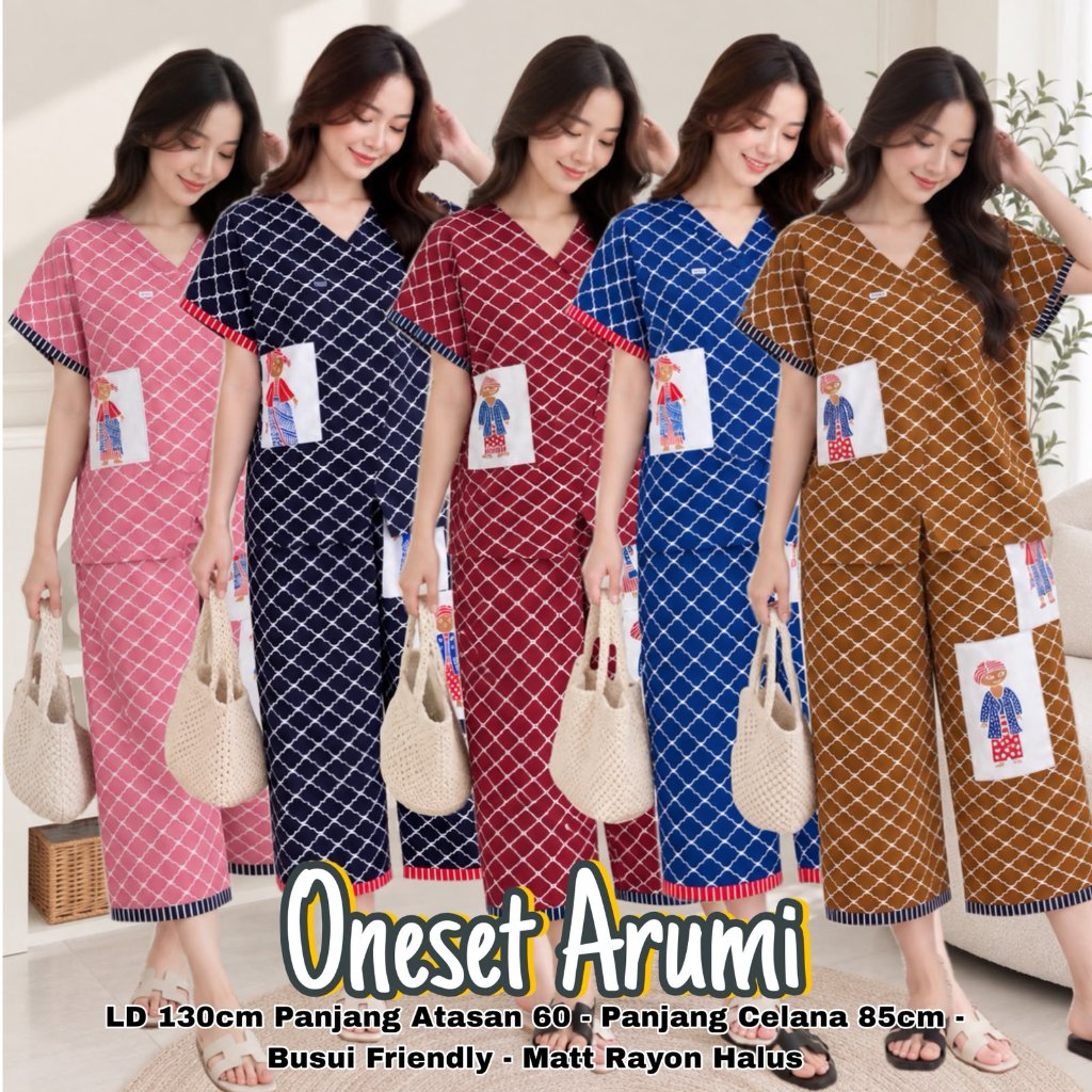 Oneset Arumi Wanita LD 130cm Atasan 60cm Celana 85cm Busui Friendly Matt Rayon Halus - Setelan Celan