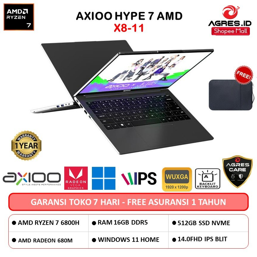 LAPTOP AXIOO HYPE 7 AMD JKT48 X8-11 RYZEN 7 6800H 16GB 512GB W11 14.0FHD IPS BLIT GRY