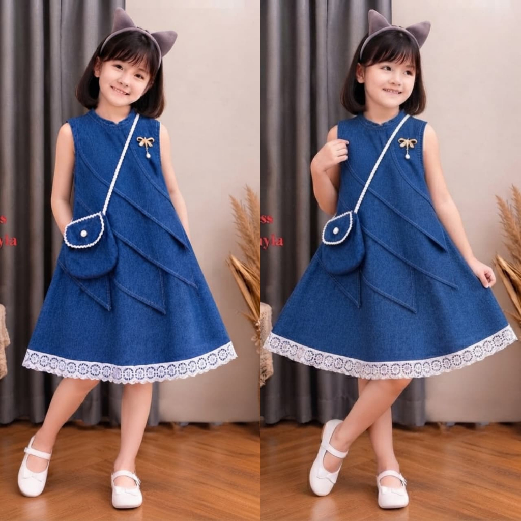 Gamis / Dress Denim Anak Cewek Motif Korea Impor Premium - Model Ruffle & Pita Manis