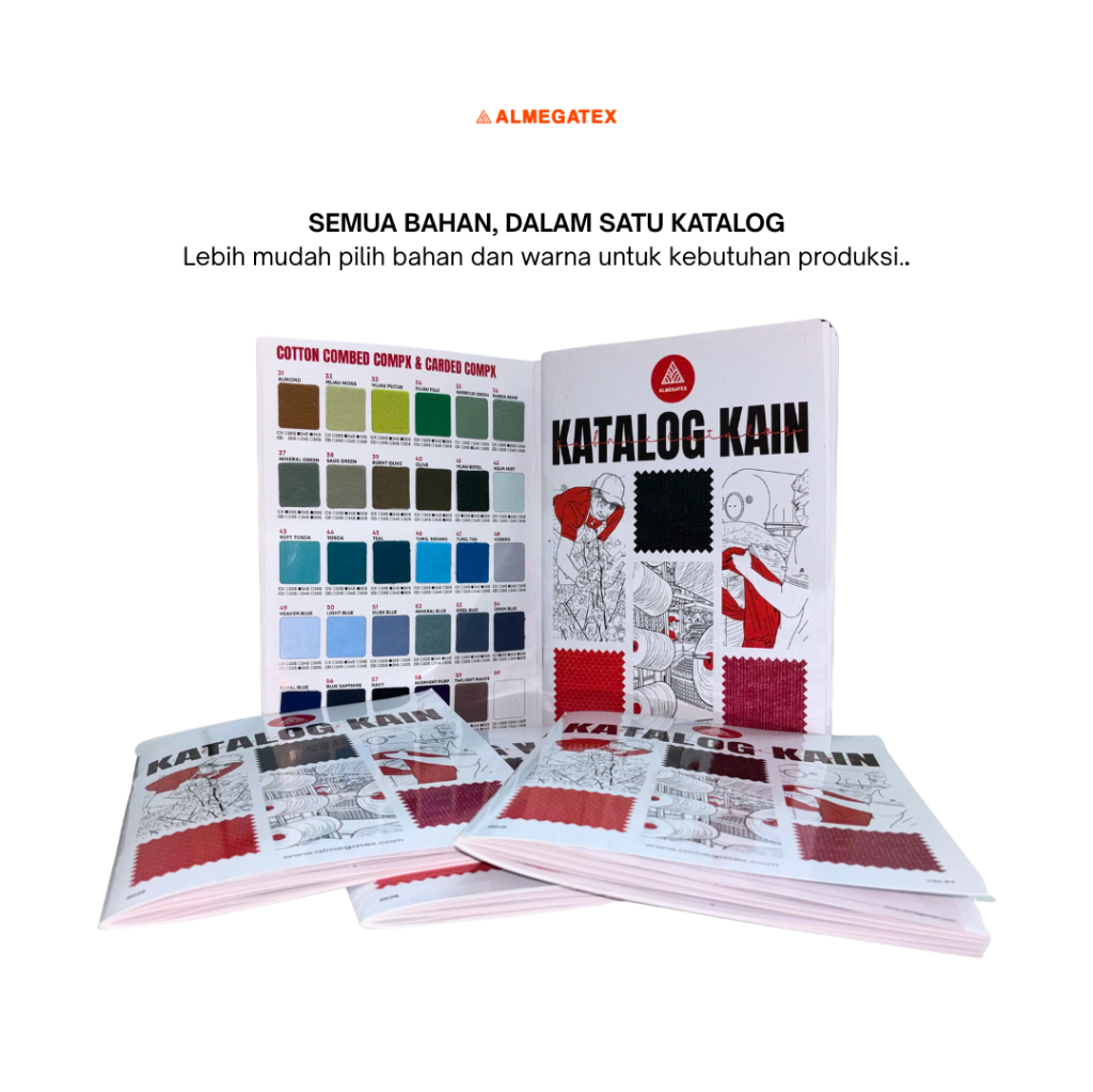 Katalog Bahan Kaos Almegatex | Sample Kain Cotton Combed, Carded, Tencel, Lacoste, Fleece & Pique
