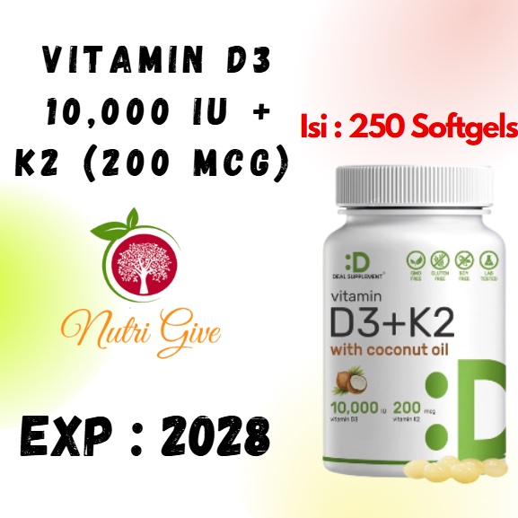 Deal Vitamin D3 5000IU + K2 100mcg (MK-4)(MK-7) isi 250 softgel D3 10000iu +k2 200mcg