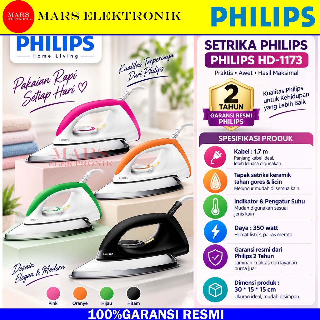 [ COD READY ] PHILIPS SETRIKA DRY IRON HD-1173 ORIGINAL - SETRIKA PHILIPS HD 1173 / HD1173
