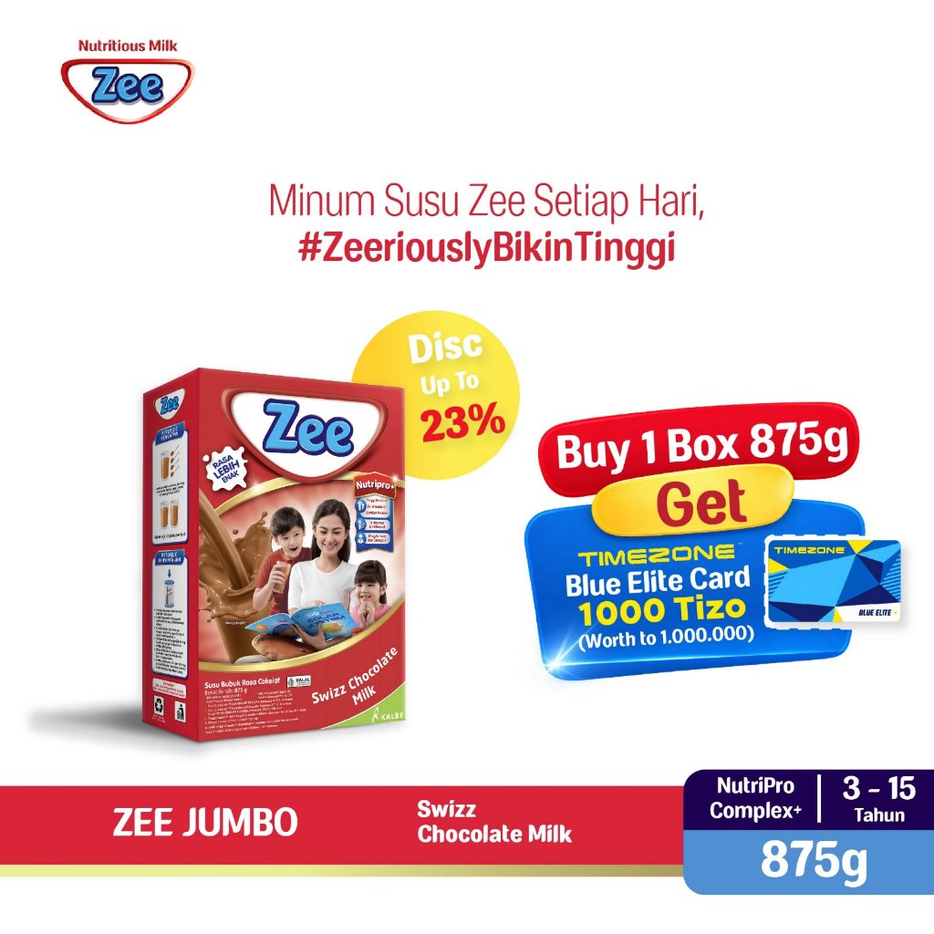 ZEE Reguler Jumbo Coklat 875gr (Free Timezone Blue Elite Card Rp1.000.000) - Susu Tumbuh Tinggi Lebi