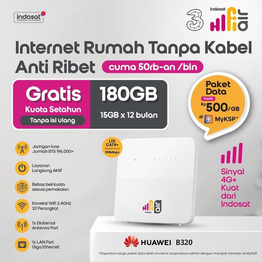 Indosat Hifi Air Modem Wifi Huawei B320 Free 180 GB 1 Tahun- Garansi Resmi 2 Tahun - Unlock All Oper