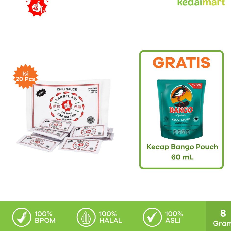 KM Cap Ibu Jari Jempol Sambal Asli Sachet 8 Gram Pack Isi 20 Sachet Free Bango Kecap Manis Pouch 60 