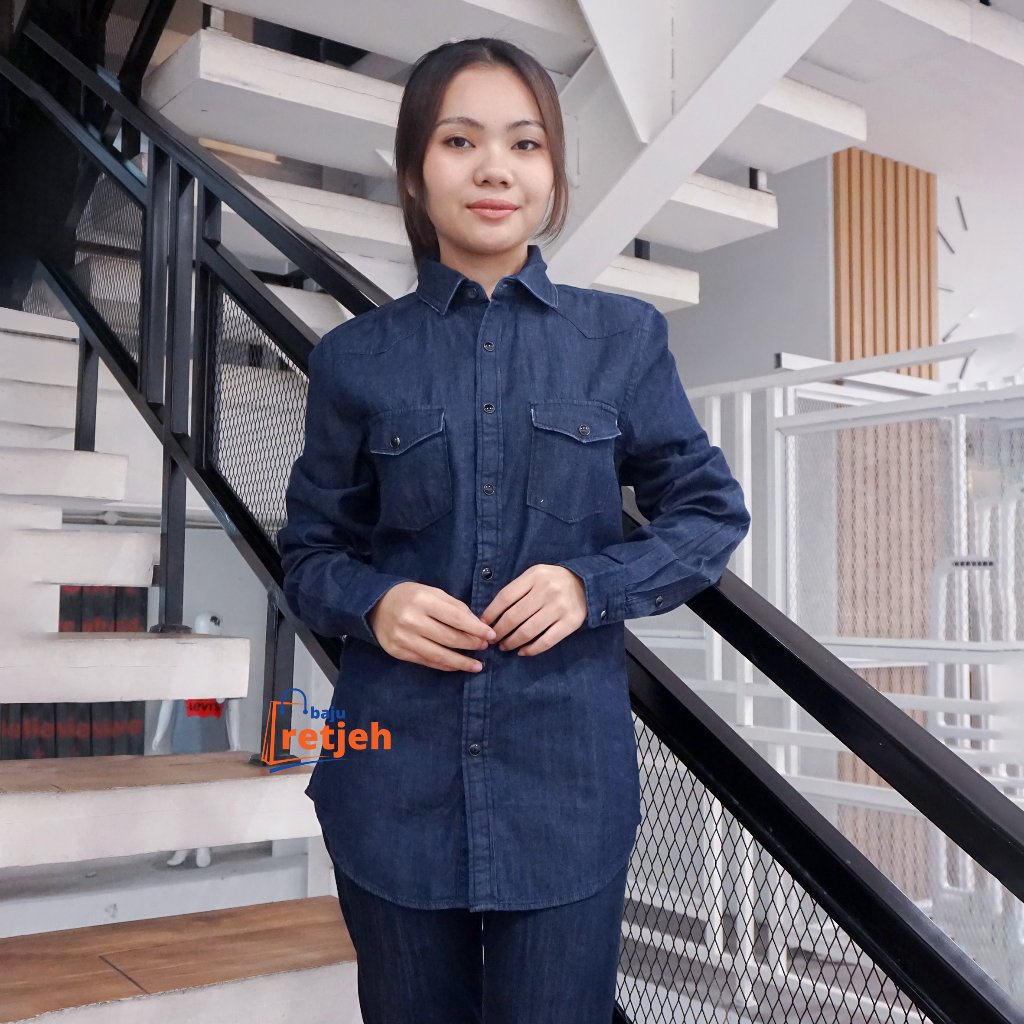 KEMEJA WANITA EXPRESS DENIM JEANS DEPAN KANCING CEPRET + KANTONG