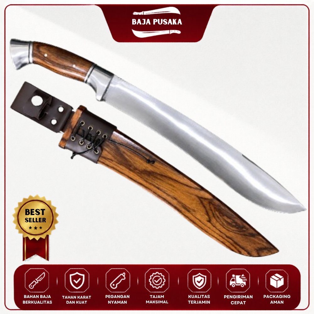 Golok Tebas Berkebun Kukri Baja Per Fulltang Duralium Kayu Sonokeling Songket Kulit | Kode 7