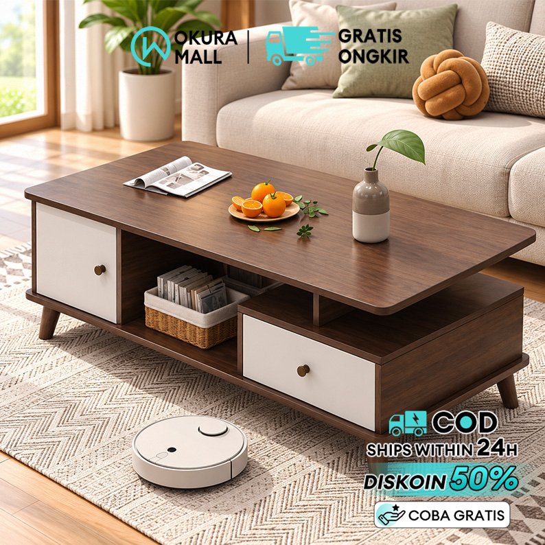 OKURA Meja Tamu Minimalis Meja Kopi Coffee Table Ruang Tamu Laci Rak Penyimpanan