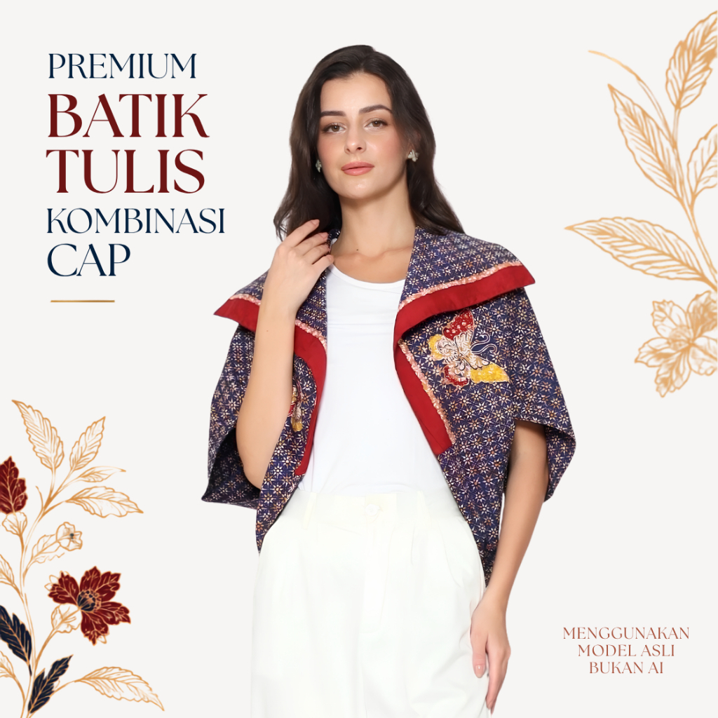 Batik Outer Wanita Premium Betawi Biru Ondel-ondel | BATIK TULIS KOMBINASI CAP | ALMAJIWA Truntum Pe