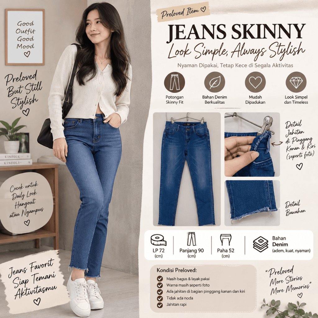 Preloved Celana Skinny Jeans Biru Premium | Slim Clean Look Clride.eN | Nyaman Dipakai Harian (DETAI